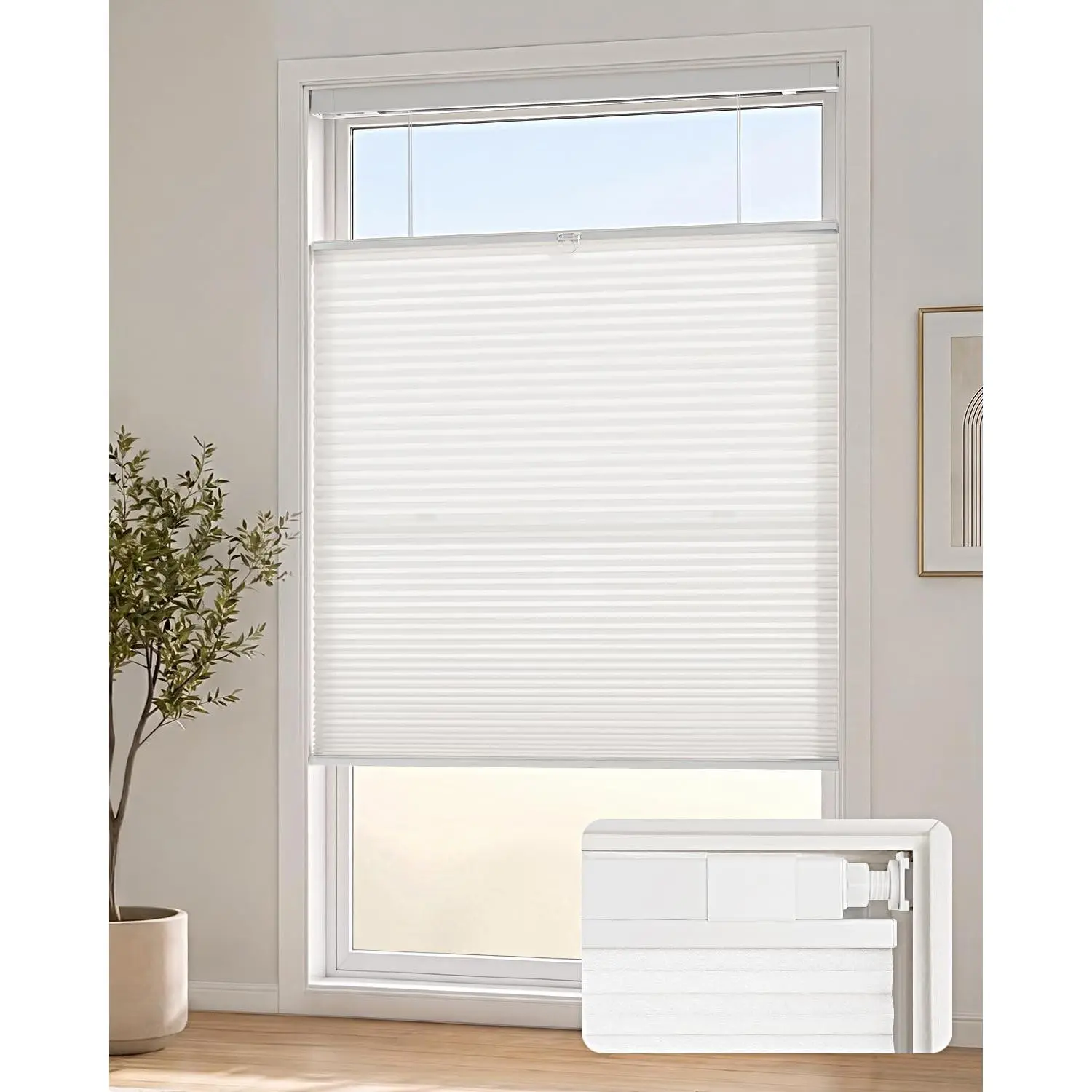 TDBU Cellular Shades, 30" W X 64" H, White, No Drill Cordless Top Down Bottom Up Honeycomb Blinds, 1.5 Inch Cell Easy Install No Tools for Windows