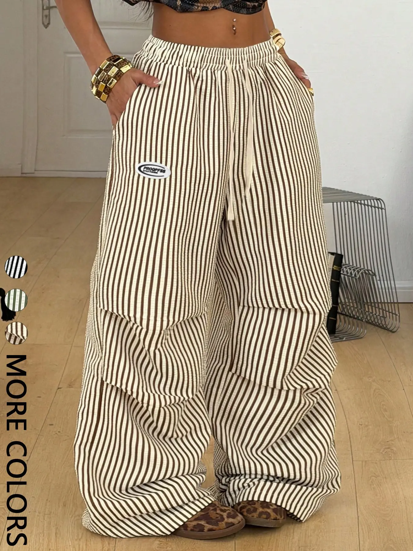 1 Piece Adjustable Drawstring Waistband Vertical Striped Side Pockets Oval Letter Patch 3D Ruched Loose Wide Leg Trousers Bohemian Casual Pants Boho Frenchy Style