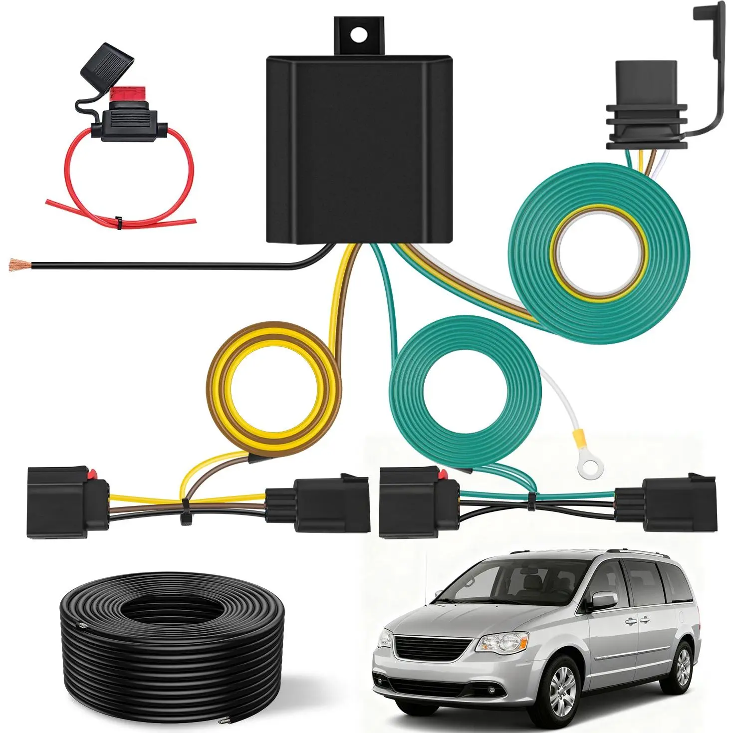 Nilight 4-Pin Trailer Wiring Harness Kit with ABS, 10A Fuse, 4-Pin Connector, Brake Signal Lights, Copper Core, Screw Fasteners, Excellent Light Intensity, Custom for 2008-2017 Jeep Patriot, Dodge Durango, Caliber, Grand Caravan, Chrysler Town & Country,,