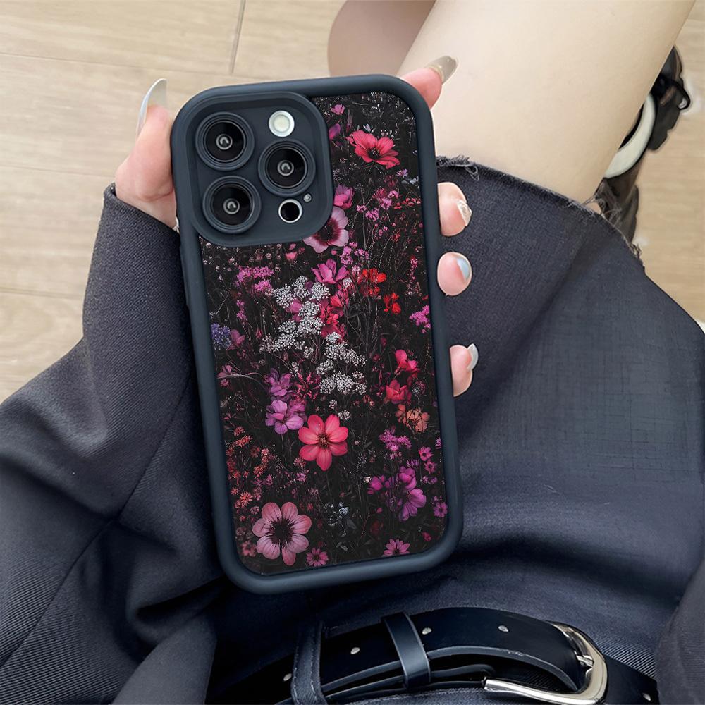 Phone Case - This Stylish Phone Case Suitable for iPhone 17 E Air Pro ProMax iPhone16 15 14 Plus 13 12 Mini 11 X XS XR Features a Floral Pattern,Set Against a Dark Backdrop Adorned with Bright Pink And Purple Blooms,Complemented by Graceful White Flower