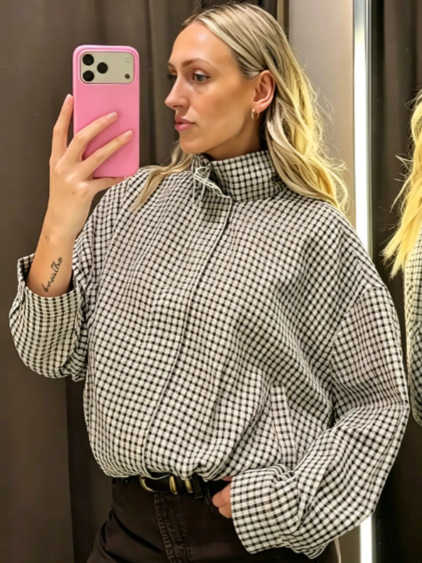 Women's Bomber Jacket Plaid Oversized Jacket Spring Autumn 2026 Casual Crop Pleated Long Sleeve Top Fashion Stand Collar Zip-Up Pilot Coat Office Commutes & Brunch Dates Outerwears