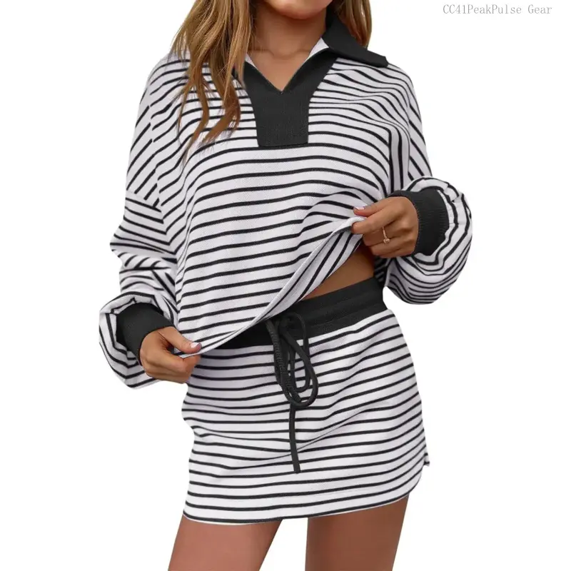 Womens 2 Piece Set Striped Sweatshirt Skirt Set Casual Long Sleeve Skort Workout Matching Lounge Set with PocketsCC41PeakPulse Gear