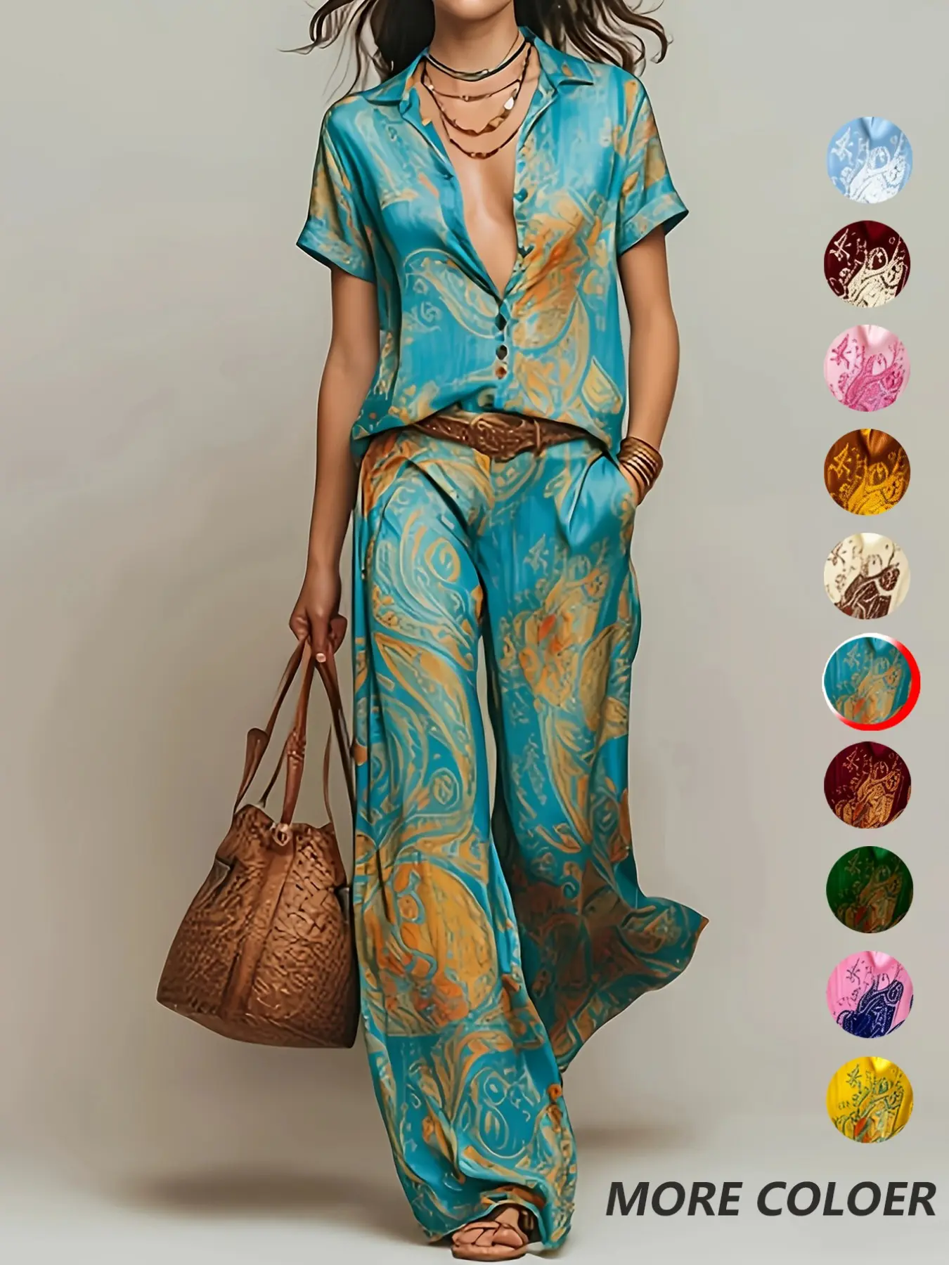 Casual Vacation Style Random Print Collared Shirt Top with Pocket Straight Leg Pants Set, No Belt Included, Perfect for