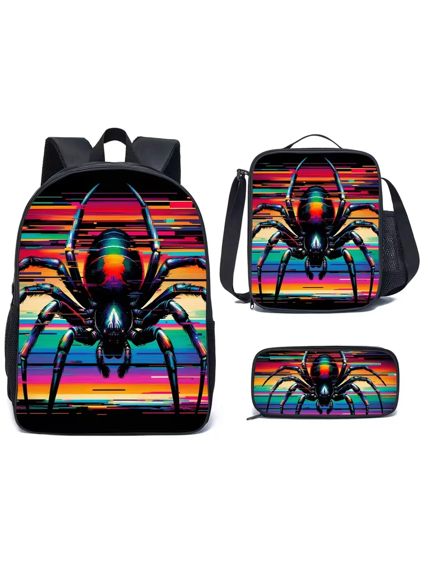 3pcs Backpack Combo, Shoulder Bag, Pouch with Red Spider/Web 2D Print; Dark Sci-Fi Style for Young Adults; Ideal for Commuting, Travel, Travel Ready, Streetwear