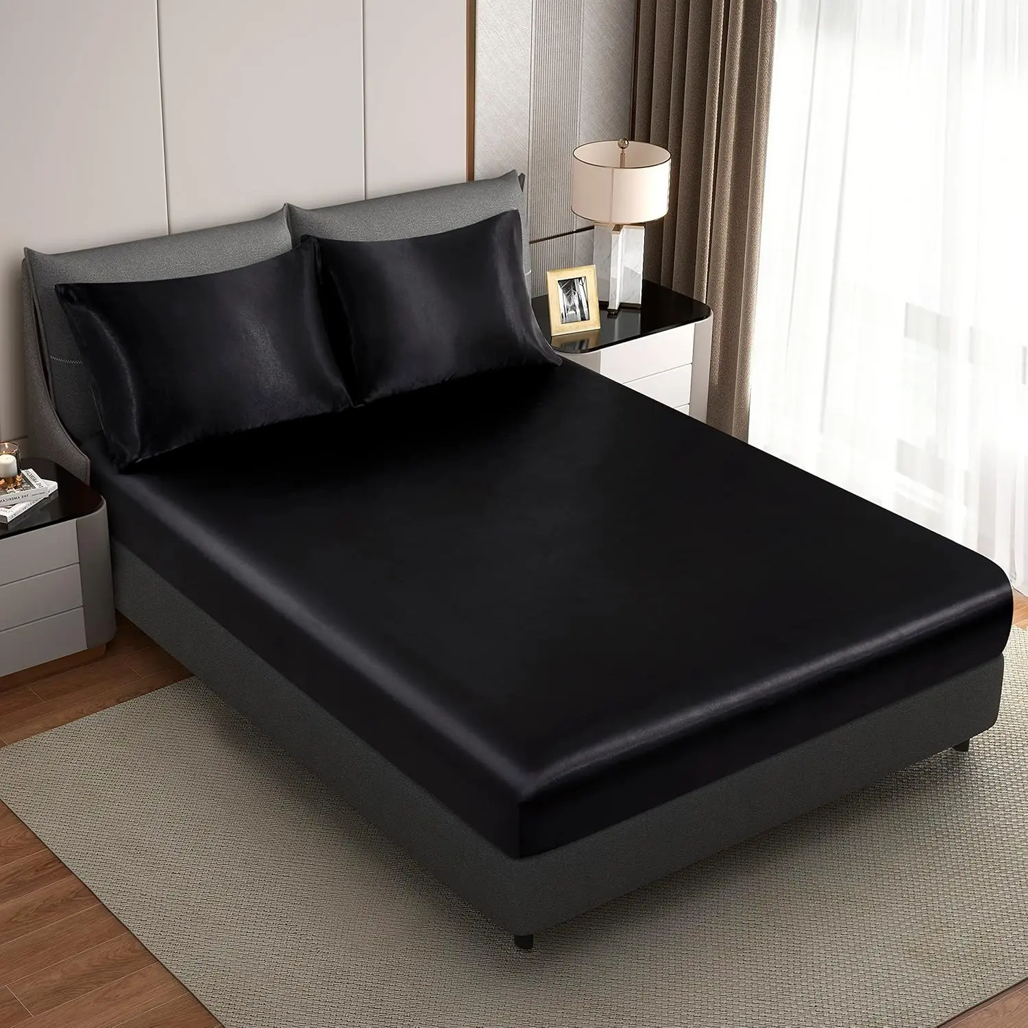 Silk Black Twin Fitted Sheet, Deep Fitted Sheet Only, Breathable, Non- Fading, Fully Elasticized Bed Sheets Sold Separately