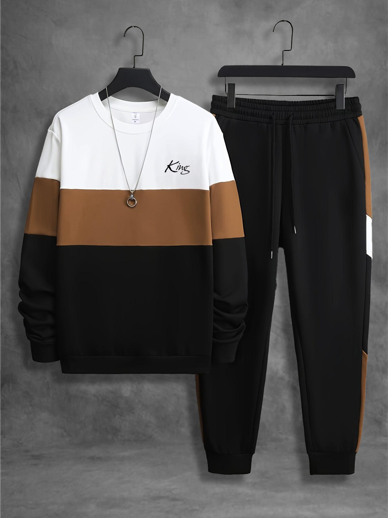 Men's Colorblock Print Sweatshirt & Pants Loungewear Two-piece Set, Casual Comfy Long Sleeve Pullover & Jogger Pants, Men's Sleepwear for Spring & Fall, Nightwear Loungewear Set