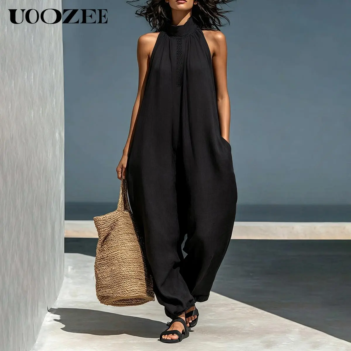 UOOZEE Women's Halter Neck Sleeveless Cuffed Hem Pocketed Jumpsuit, Loose Fit Mock Neck Eyelet Detail Back Zip Vacation Romper, Resort Wear Casual One-Piece Outfit, Size Up for Full Bust, Tall Length Petite Note