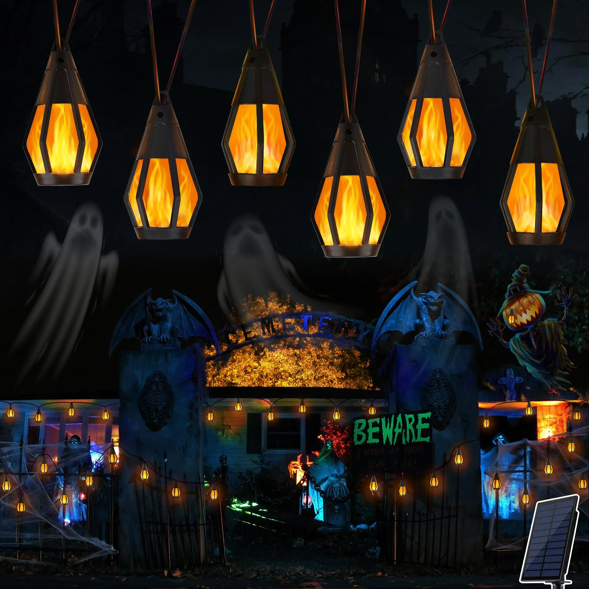 Halloween Decor Solar Flame LED String Lights, 42FT 15 Flickering Flame Lanterns, IP65 Waterproof Energy-Efficient Eco-Friendly Ambient Lighting for Home Decor, Garden Yard & Halloween Party