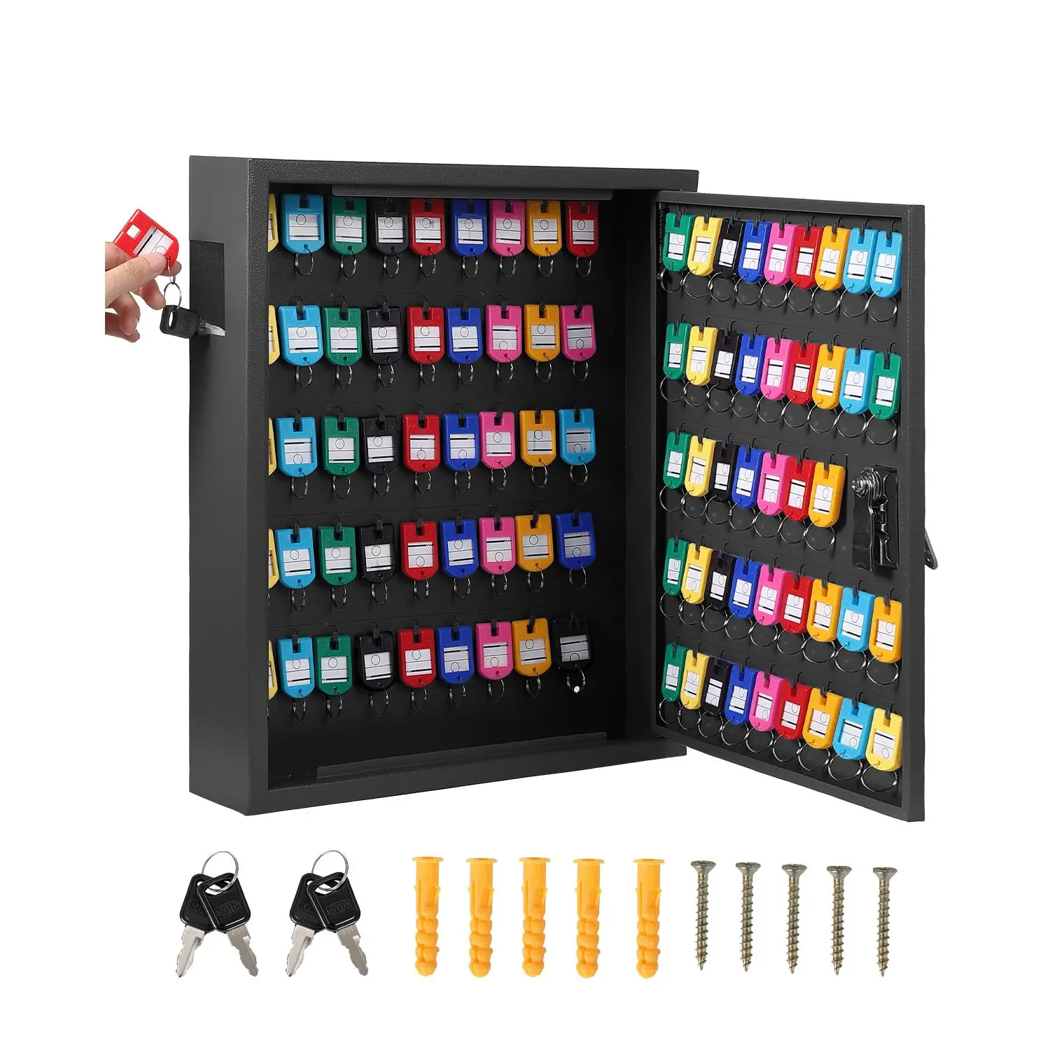 Wall-Mounted Key Storage Cabinet for Up to 88 Keys, Lockable Steel Organizer with Numbered Hooks and Color Tags, Secure Key Storage for Office, Hotel, and Car Key Management