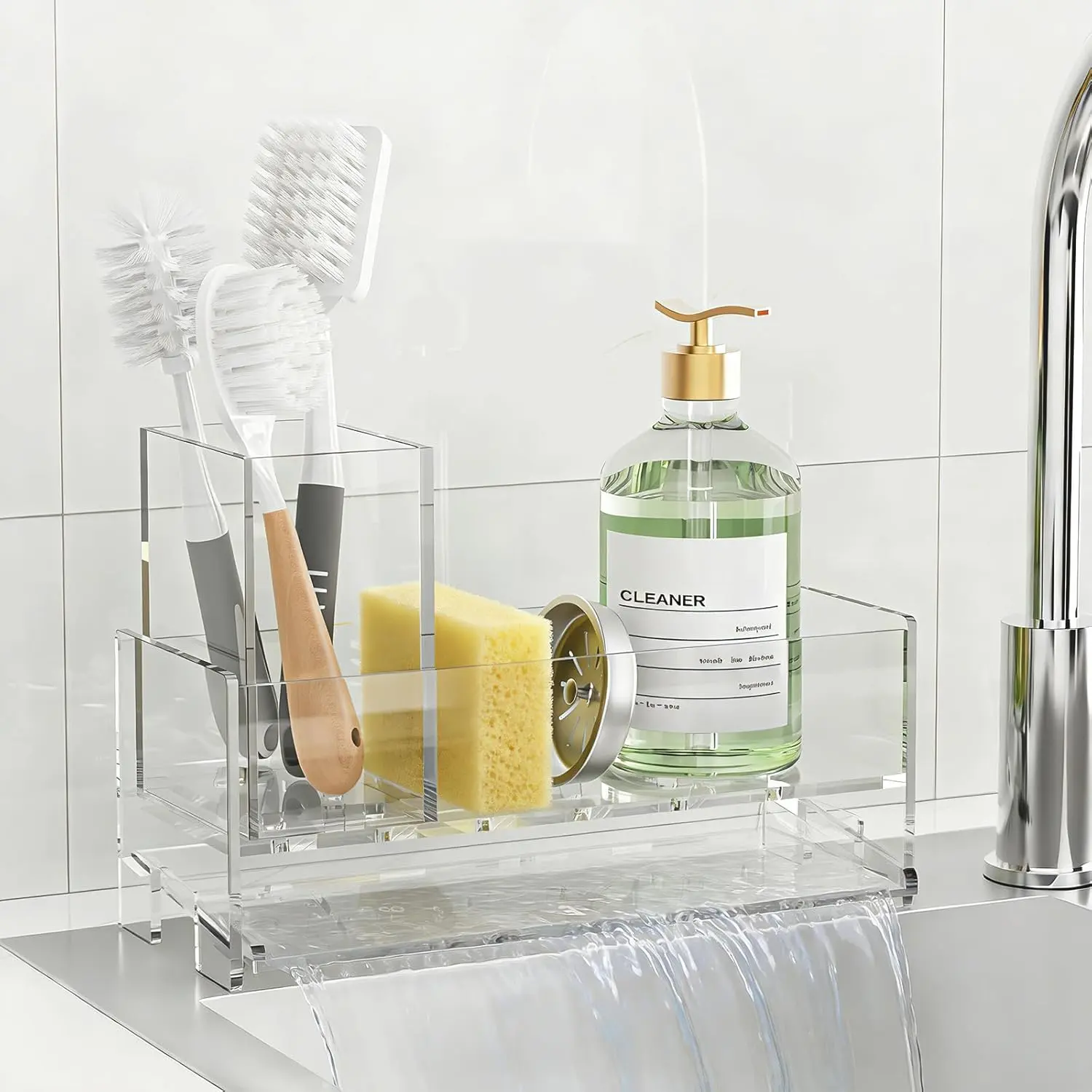 Clear Acrylic Kitchen Sink Caddy Organizer, Auto Drain Sponge Holder |   Holds high brush & dish soap dispenser. Countertop storage essentials keep your sink dry, rustproof & easy to clean.