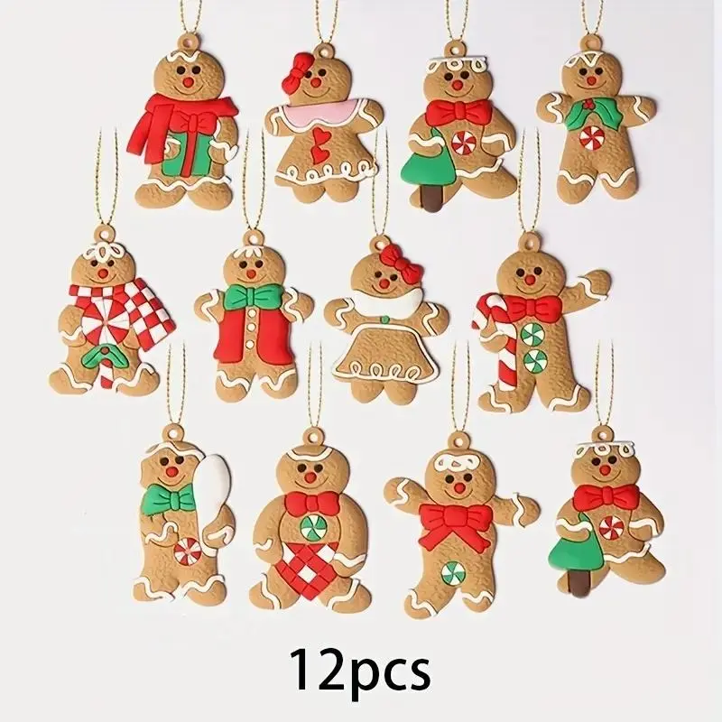 Gingerbread Man Ornament, 12pcs/set Cute Gingerbread Man Pendant, Christmas Tree Decoration, Home Festive Decor for Holiday Season and Party