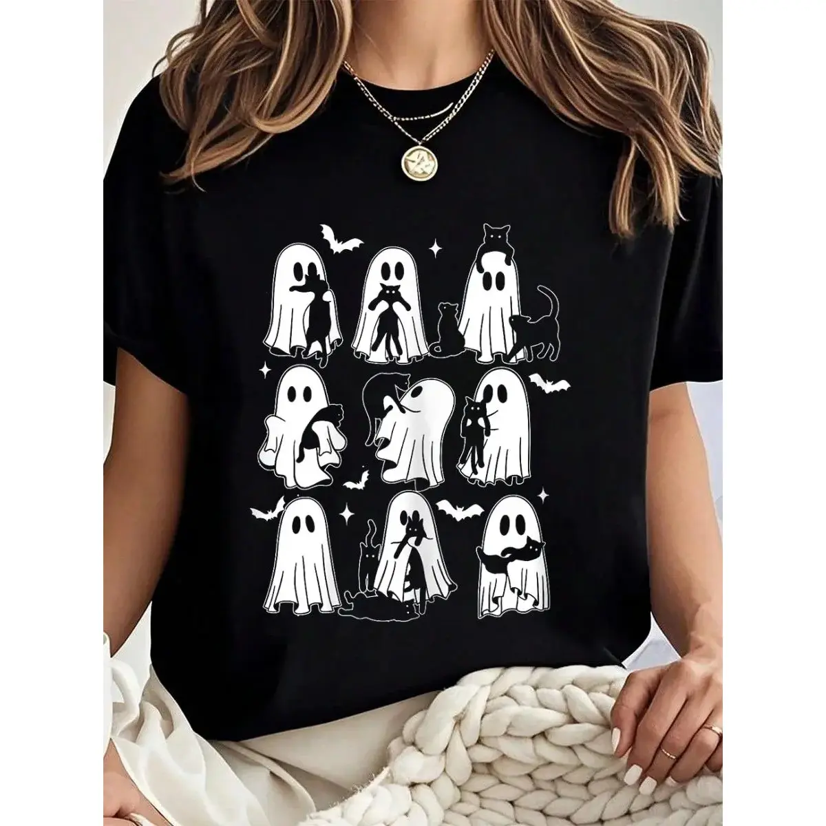 Women's  Streetwear Denim T-Shirt - Cute Black Ghost Cat Halloween Graphic, Cargo-Inspired Short Sleeve Casual Summer Top, Tshirt, Shortsleeve, Graphic Art, Casual Minimal, Round Neck, Ghost Print, Standard Fit