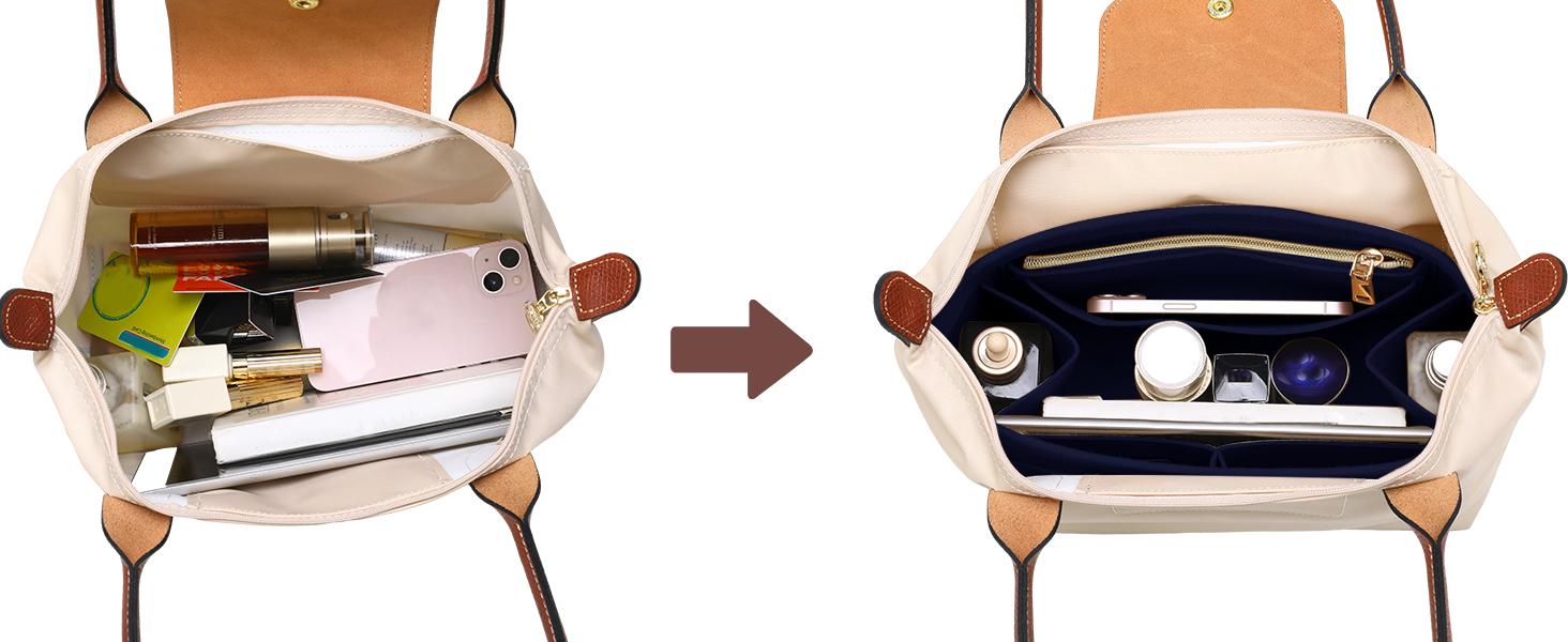 Purse Organizer Insert for Longchamp Le Pliage, Premium Felt Long Champ Bag Handbag Women, Tote Organizer Insert with 9 Compartments (Large, Pink)