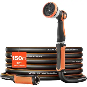 VEVOR Garden Hose, 200 ft 5/8 Heavy Duty Rubber Water Hose with 10 Mode Nozzle, 150PSI Working 600PSI Burst, Flexible Non - kink Outdoor Waterhose with 3/4 Fitting, Lightweight Hoses for Gardening