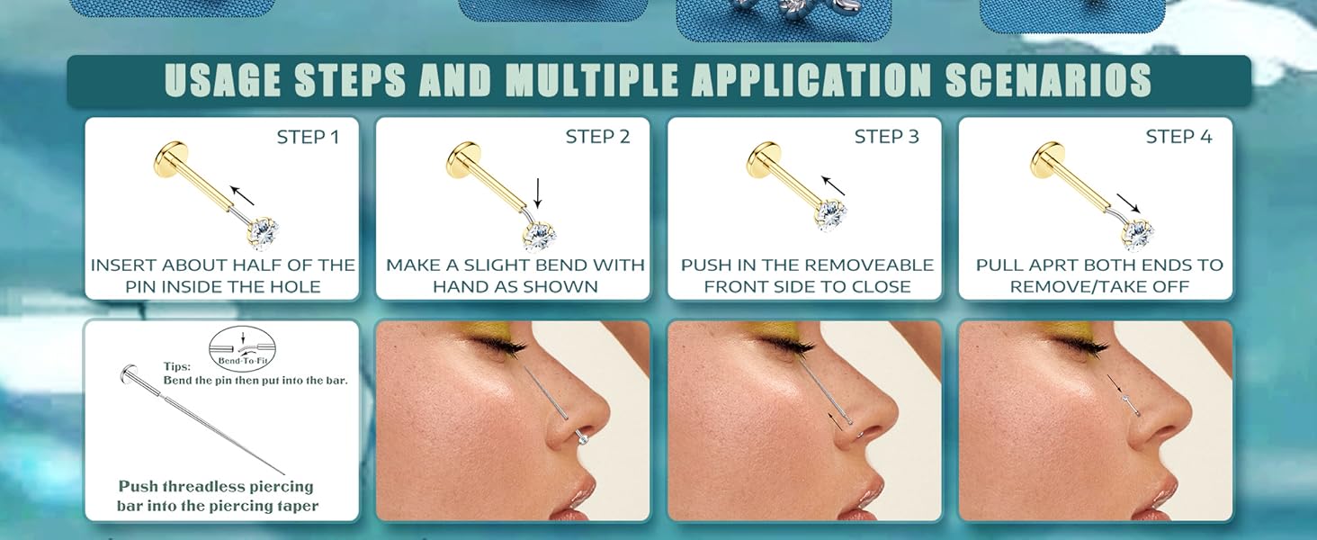 Trendy Push in Stud Earrings, 20G 18G Flat Back Earrings,Hypoallergenic Threadless Stud Multi-Pack, 14K Gold Plated 316L Surgical Steel Earring Sets, Push-in Cartilage Helix Tragus Nose Piercing Jewelry for Women