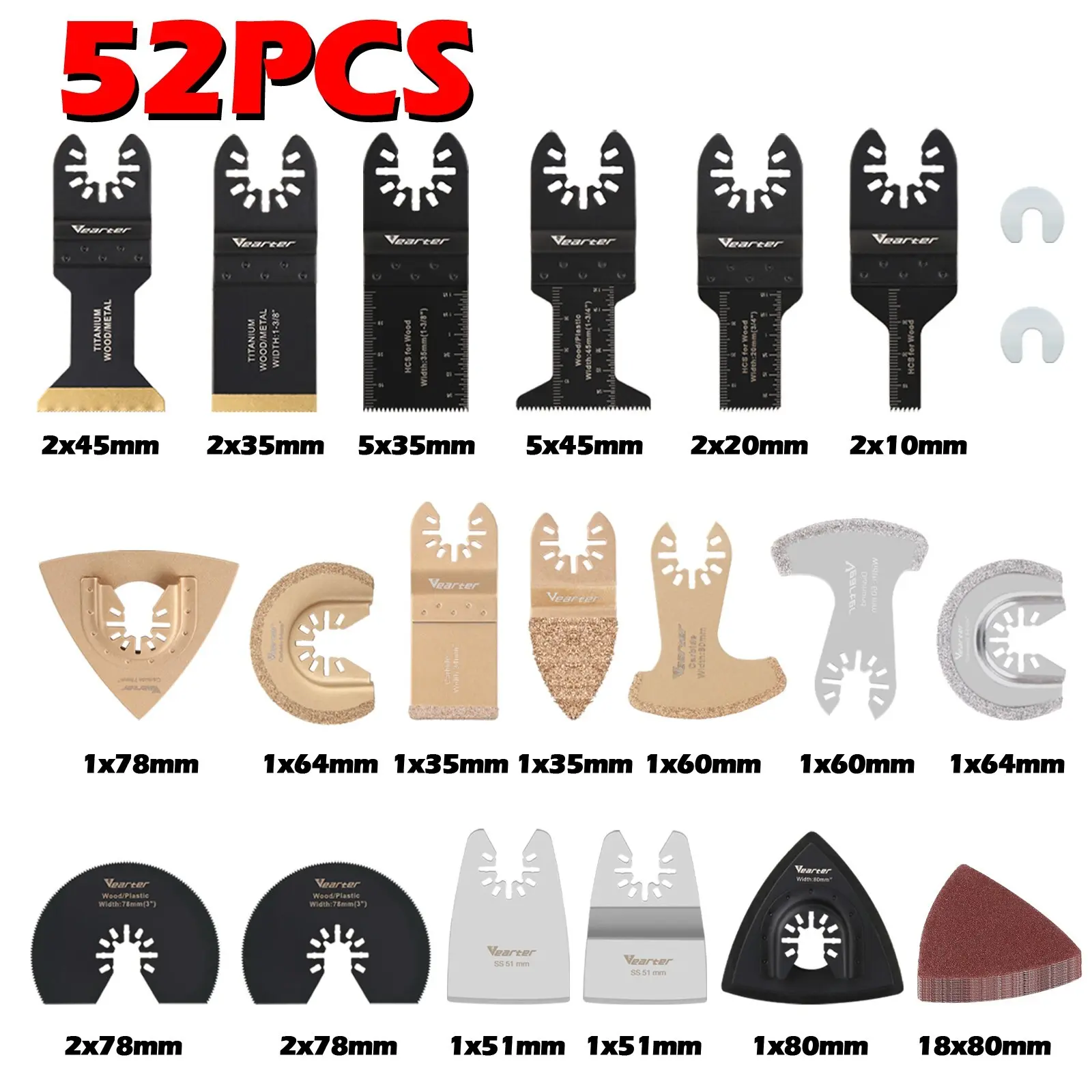 Vearter 52Pcs Oscillating Multitool Blades Accessories Kit, Universal Quick Release Saw Blades, Sanding Pads & Sandpaper, Carbide/Diamond Grout Removal Blades, Scrapers for Wood, Nailed Lumber, Metal, Tile, Concrete, Mortar Renovation