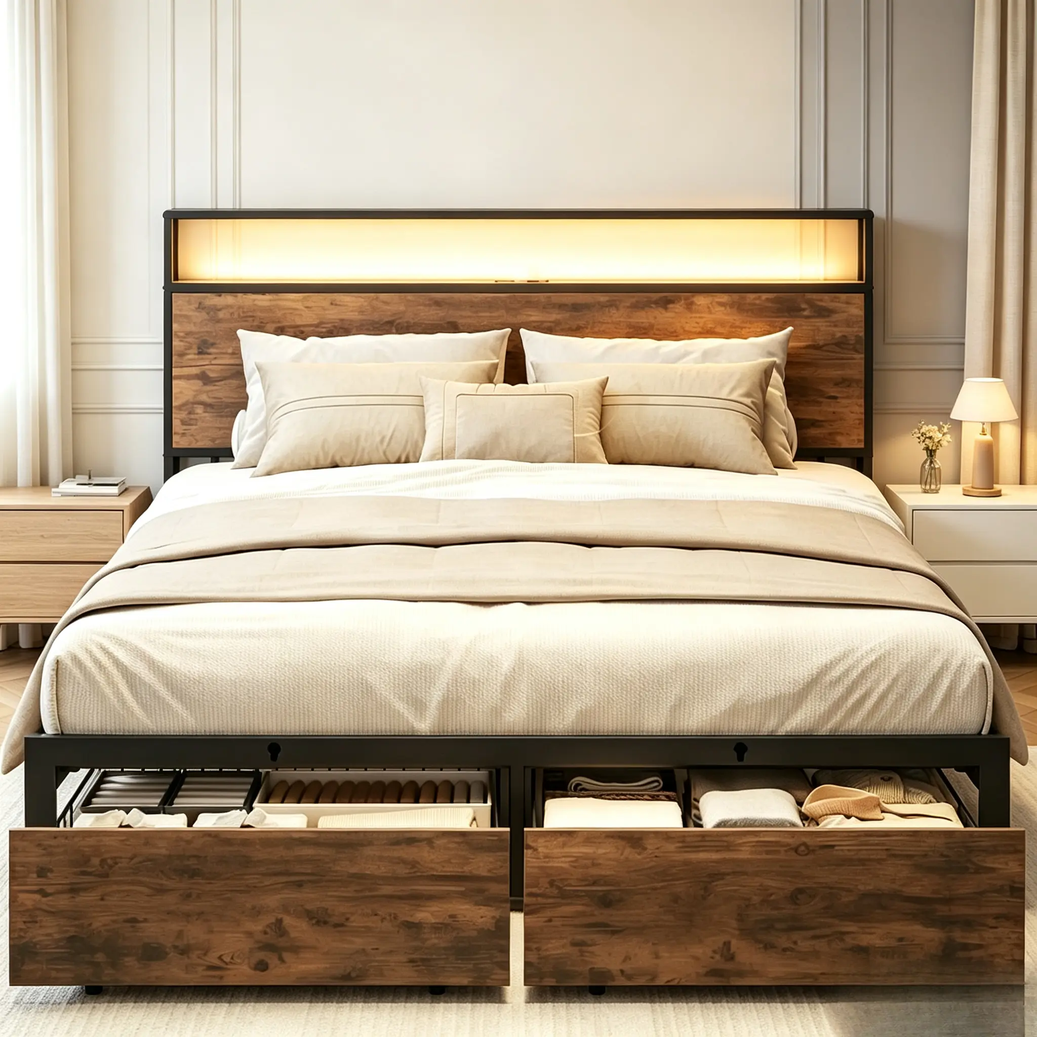 Vintage Brown Queen & Full Size Metal Bed Frames with Double-Layer Storage Headboard, Built-In Drawers, USB Charging Ports, LED Lights, Silent Design, No Box Spring Required, Easy to Install