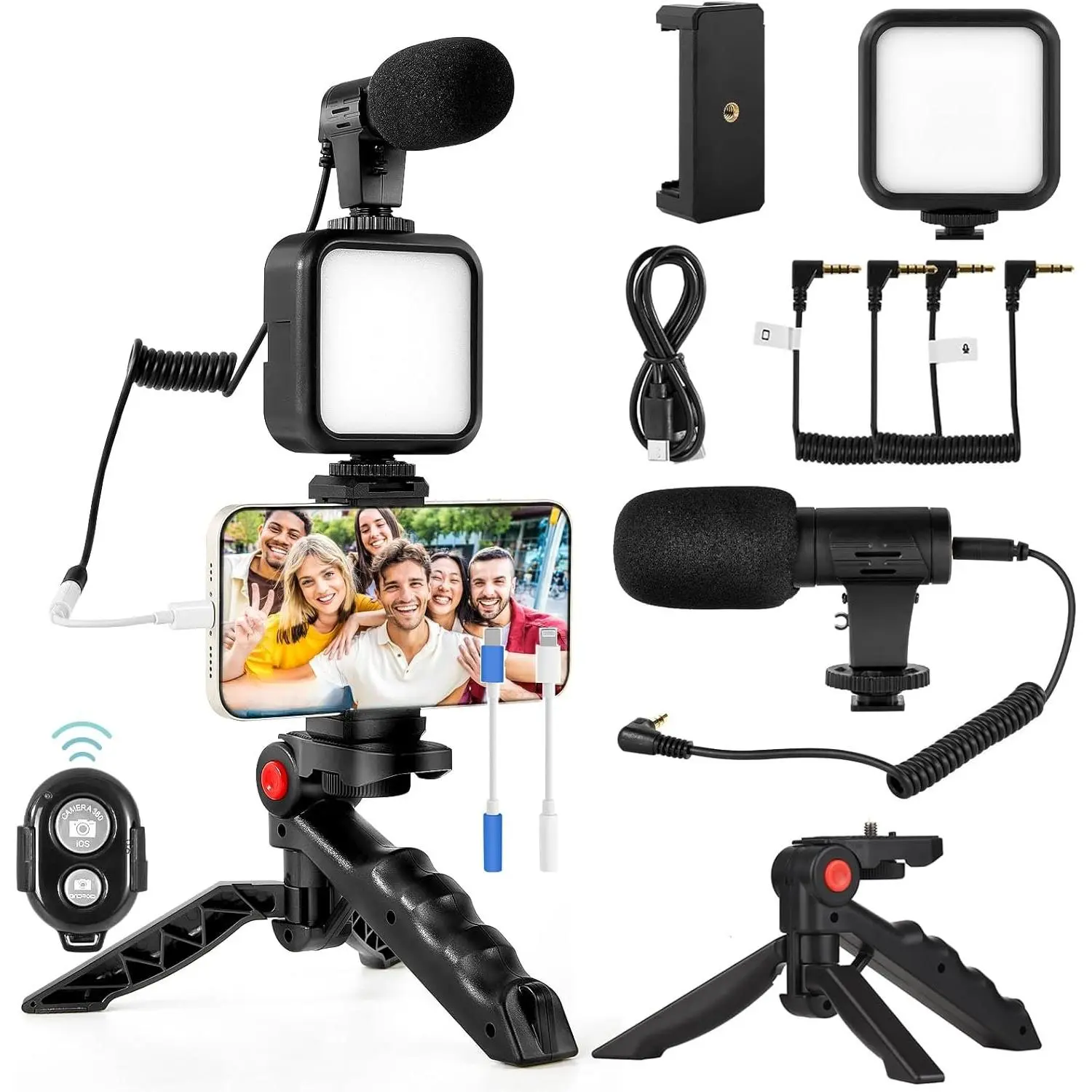 Vlogging Kit for , Android (with Tripod), with Mini LED Video Light + Cardioid Microphone + Phone Clip + Tripod for Video Calling, Vlogging, YouTube, ,