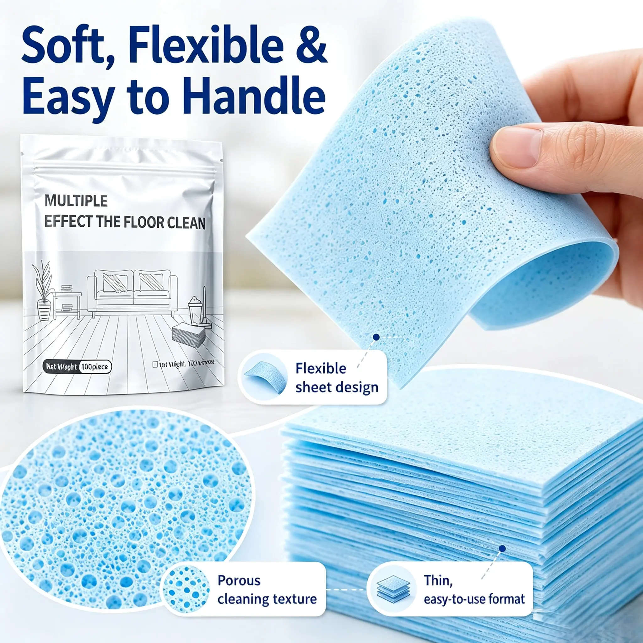 100 Pcs VC Multi-Effect Floor Cleaning Tablets, Compact Pack Sheet Form for Daily Use, Antibacterial Deodorizing Multi-Surface Cleaner, Safe for Hardwood, Laminate, Tile, Vinyl & RV Walls, Streak-Free No Sticky Residue, Household Items