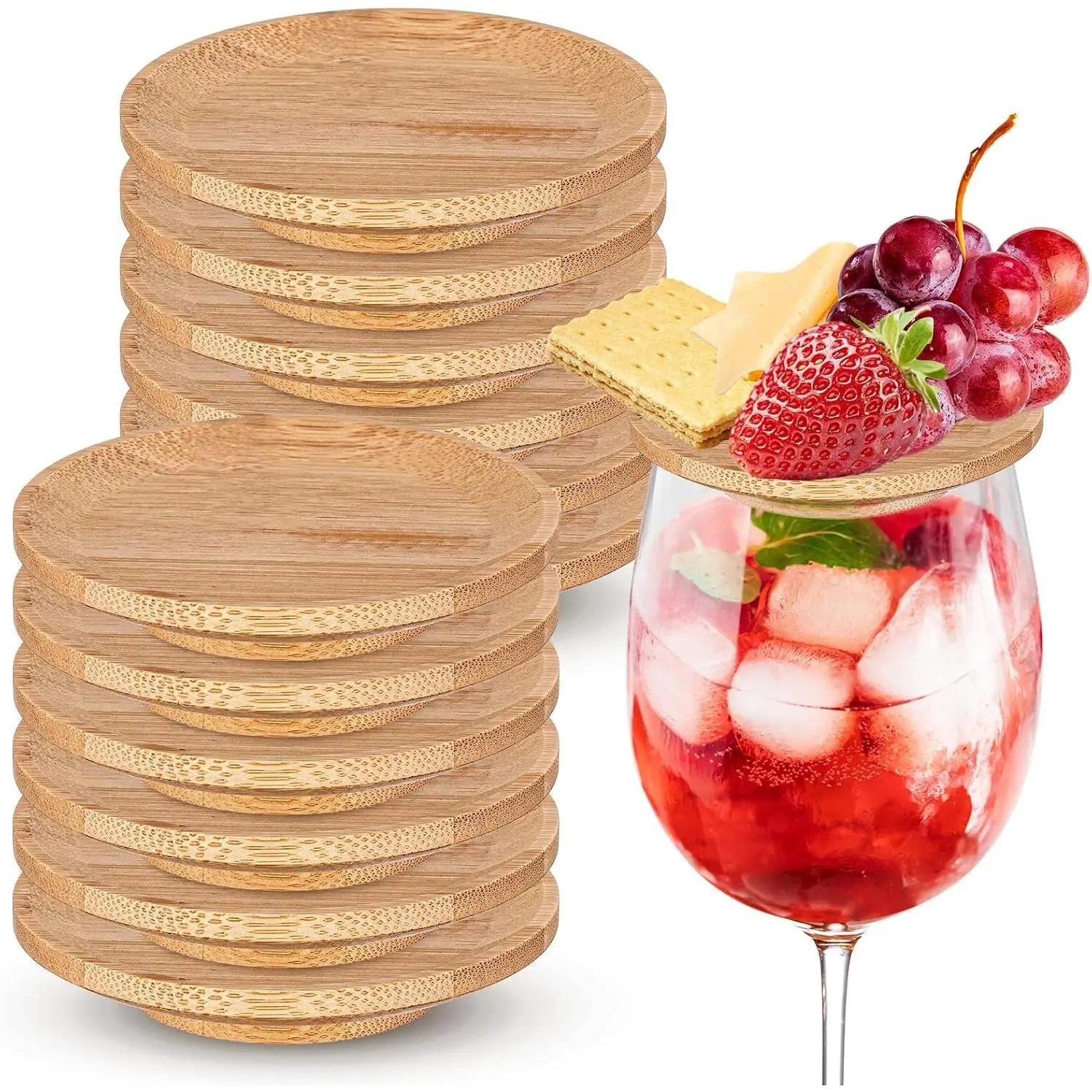 12 Pcs 5'' Wine Glass Charcuterie Topper Wine Glass Covers to Keep Bugs out Bamboo Round Mini Charcuterie Boards Dual Use Cups Topper Plates for Cheese Parties Family Gatherings Bars