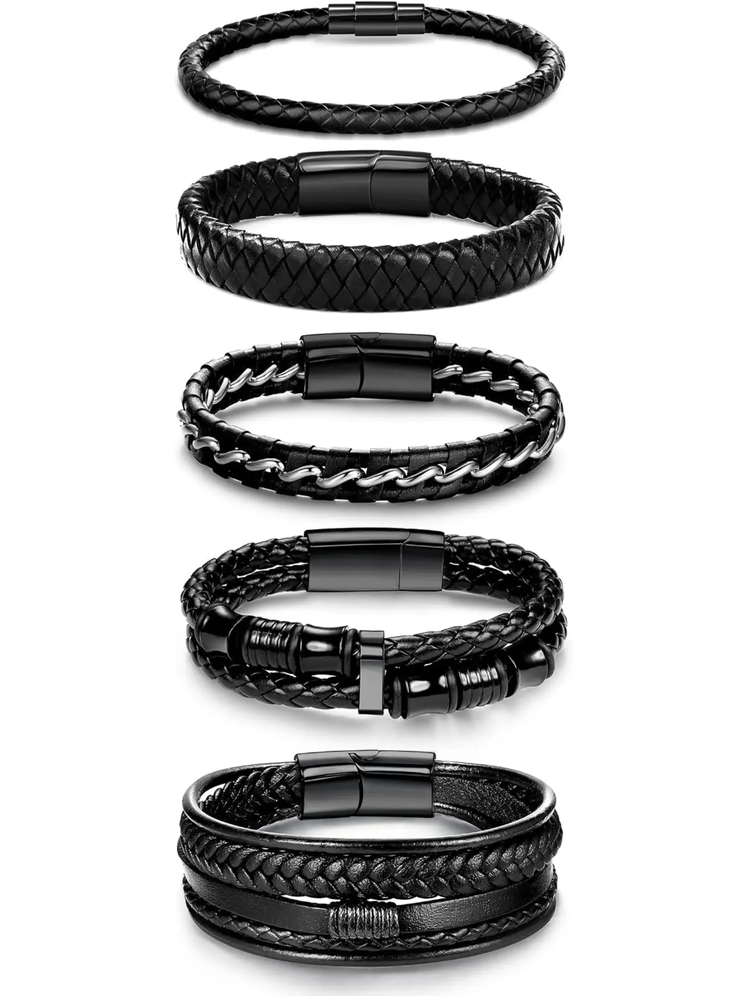 5 Pcs Black Braided Leather Bracelet Combination Set for Men Women, Adjustable Cuff Wristbands, 7.5-8.5 Inch, Ideal for Daily Punk Street Festival Party Wear
