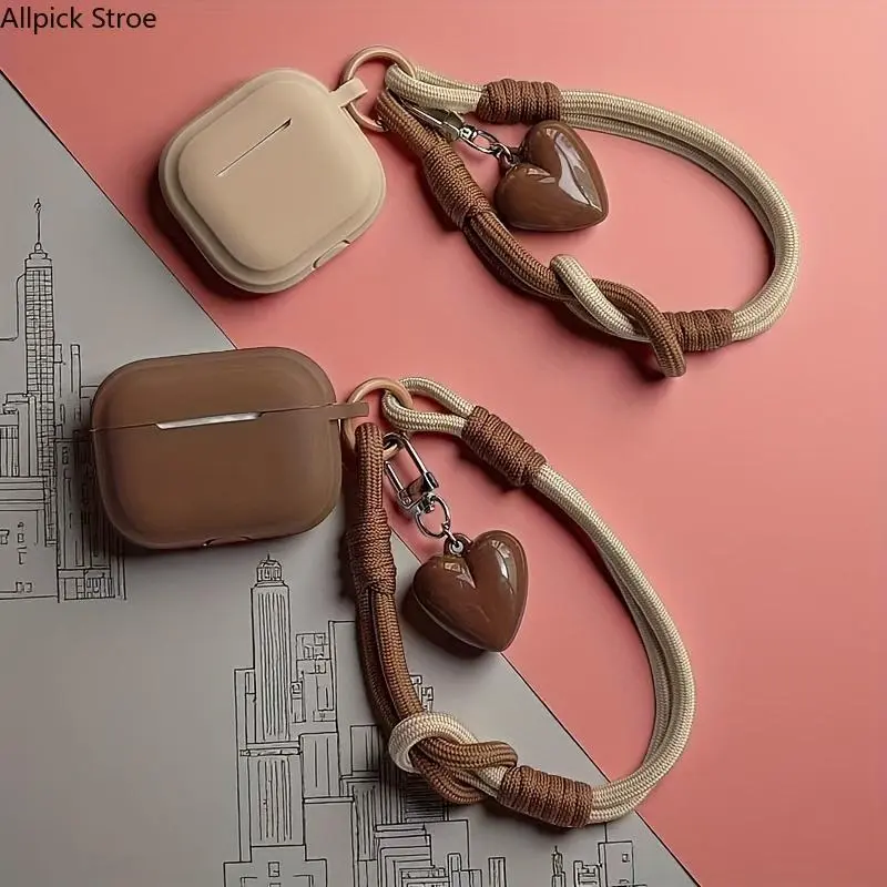 Cute Silicone AirPods Case with Wrist Strap & 3D Brown Heart Charm, Shockproof Anti-Drop Protective Cover Compatible with AirPods 1/2, AirPods 3/4, AirPods Pro, Pro 2 & Pro 3, Soft Anti-Scratch Earbuds Case for Travel, School, Everyday Use & Gifts tiktoks