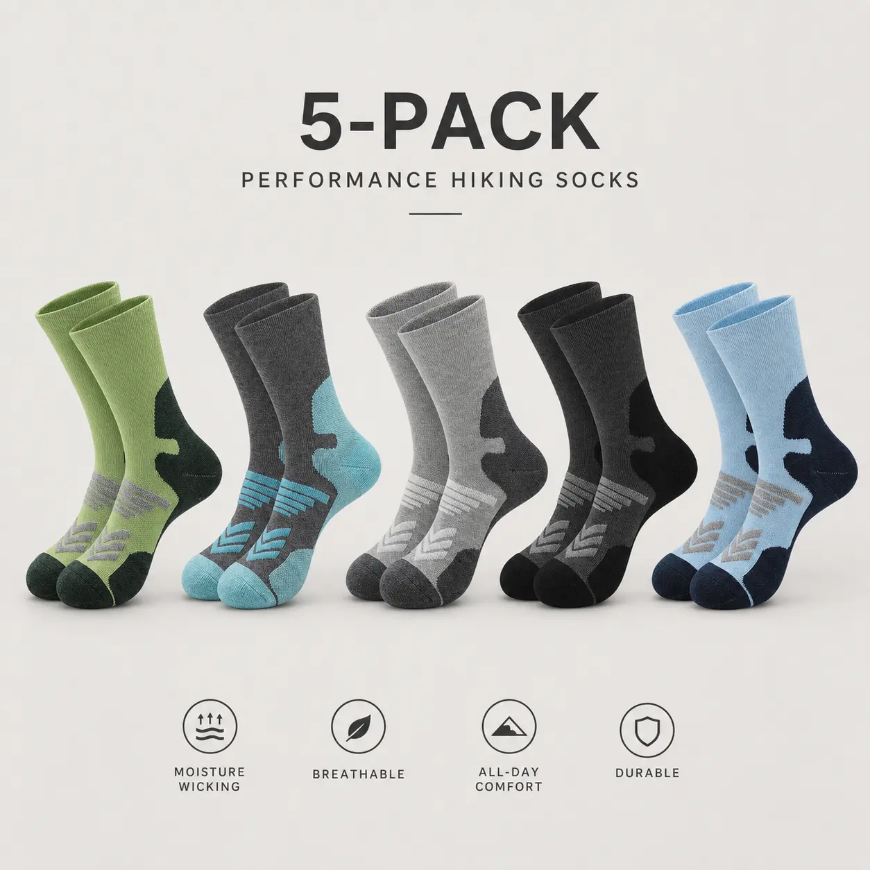 5 Pairs Merino Wool Blend Hiking Socks| Cushioned Crew Socks Multipack| Moisture Wicking Breathable Walking Trekking Socks| Thermal Outdoor Sports Socks for Men Women| Reinforced Heel Toe Camping Socks