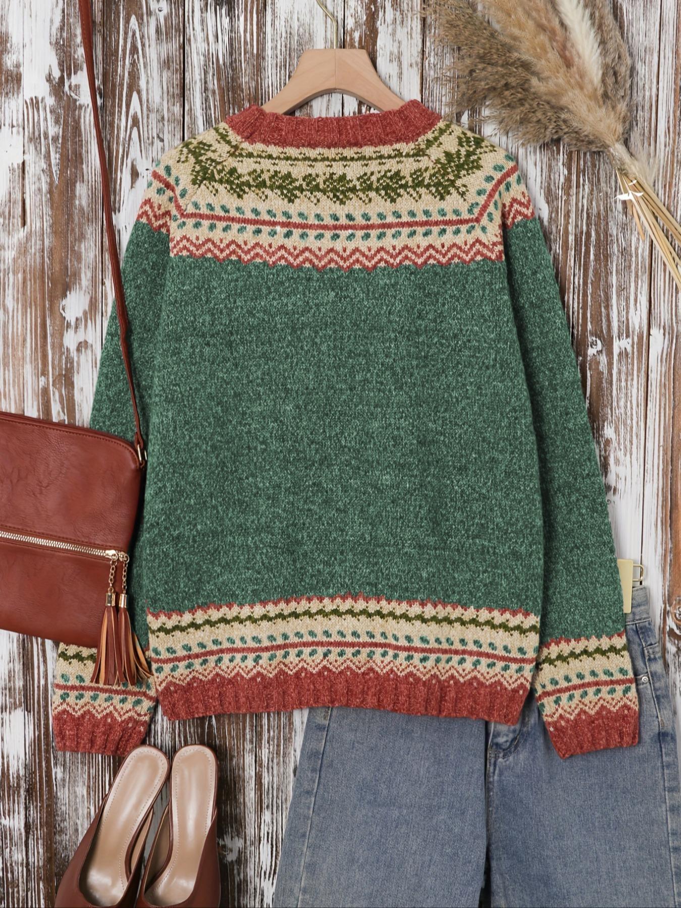 Women's Ethnic Pattern Raglan Sleeve Sweater, Casual Long Sleeve Round Neck Jumper for Fall & Winter, Fashion Ladies' Knitwear for Daily Wear Tops, Womenswear