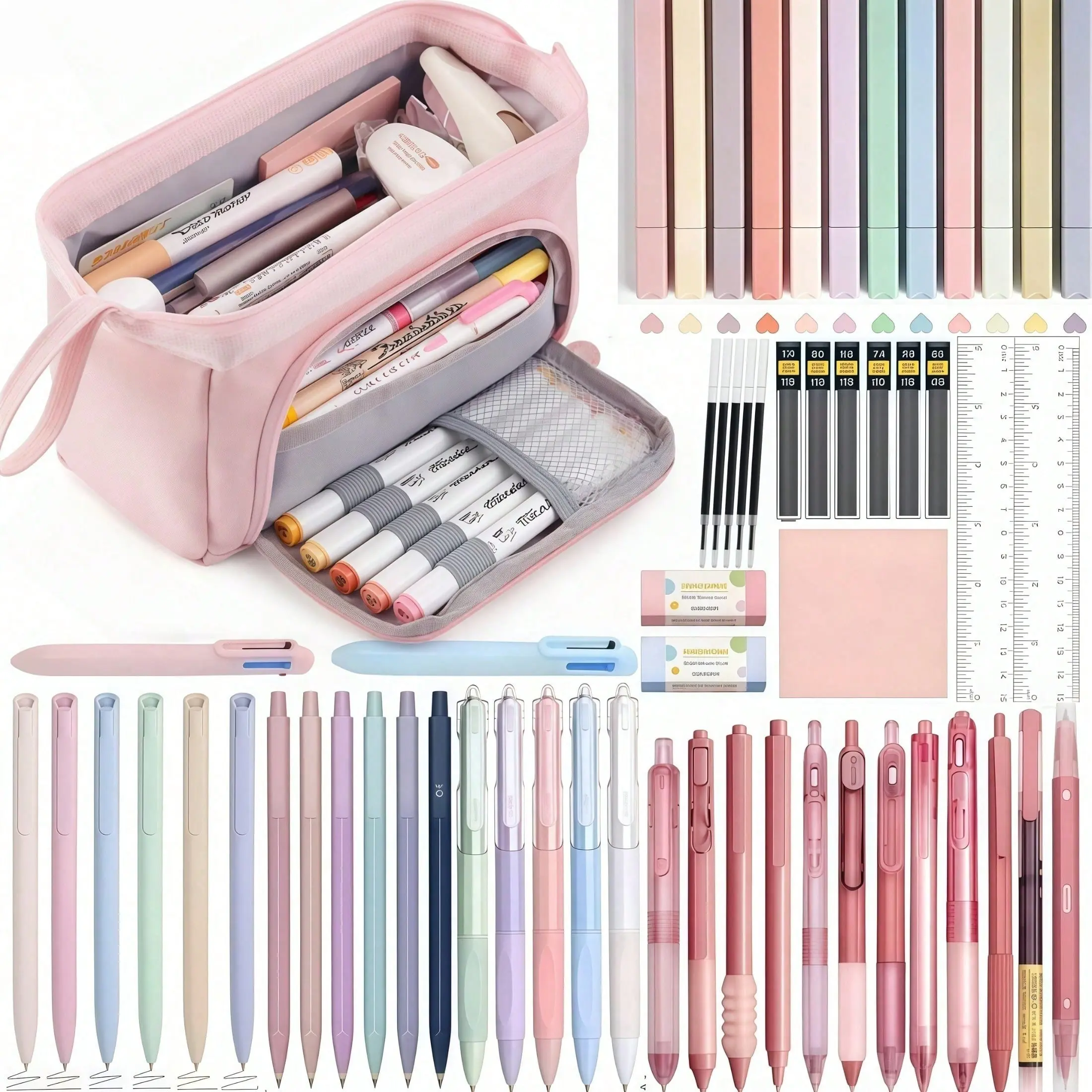 61PCS Aesthetic School Supplies With Large Pencil Case,Black Ink Gel Pens,Writing, 0.5 mm Smooth Fine Point,Mechanical Pencils Set, 12 highlighter,Sticky Notes,Stationery Bag School College for Teens Girls Adults Student.back to school.