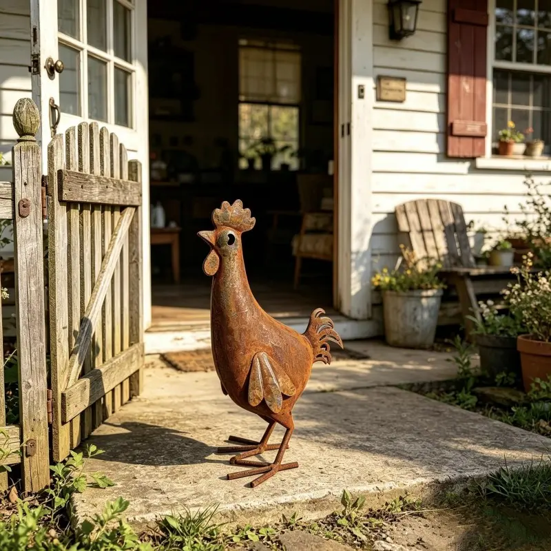 Rustic Metal Rooster Garden Statue, Vintage Rusty Iron Chicken Yard Art, Outdoor Farmhouse Rooster Sculpture, Lawn Patio Decor Ornament Gift, Garden Animal Statues