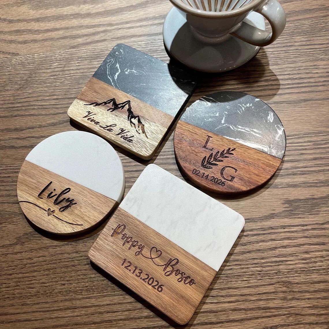 10 Pcs Set Handcrafted Marble Coasters Set Black Marble Wood Round Coasters Set for Tea Coffee Tabletop Protection Helper