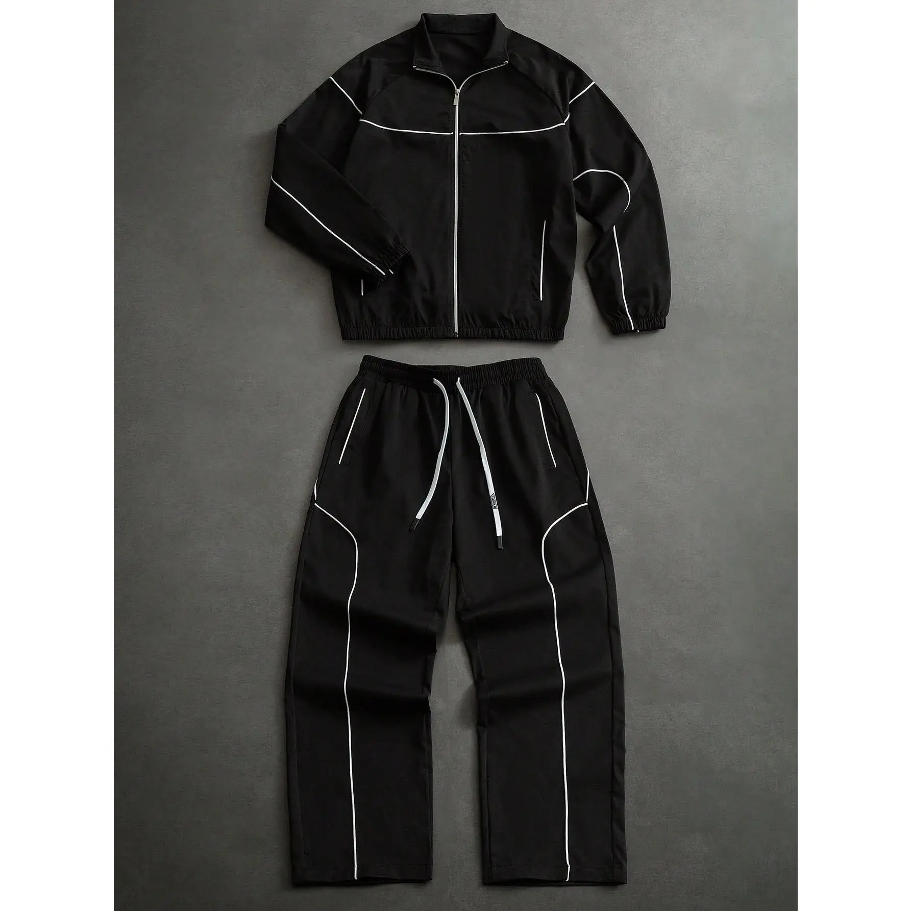 Men's Contrast Piping Zip-Up Jacket & Drawstring Pants Set,Black And White,Autumn,Streetwear,Gym,Casual 2 Pieces Tracksuit,Jogging Co Ord Football Set