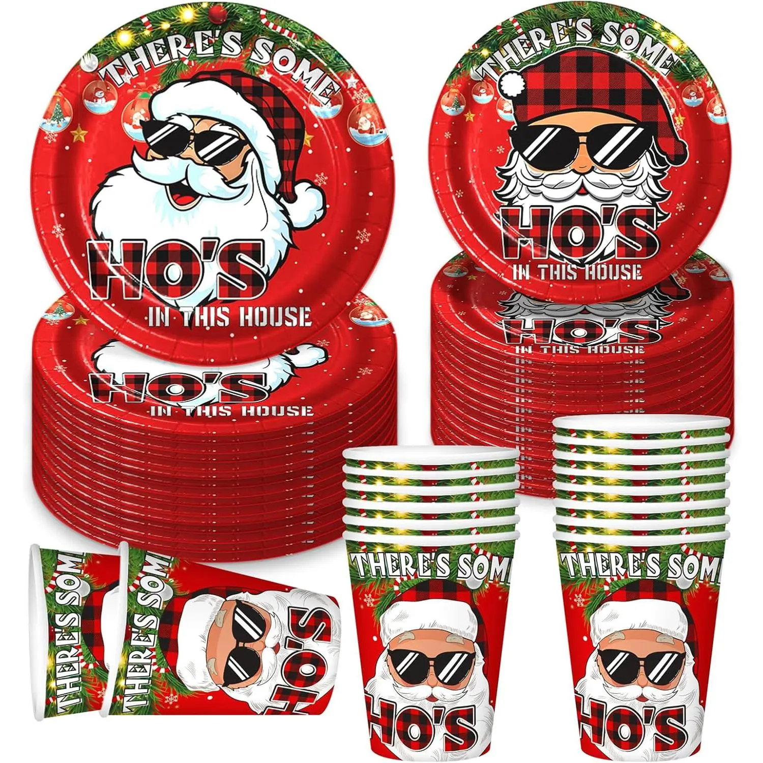 Theres Some Hos in This House Party Decorations Set Serves 25, BD Funny Christmas Party Decorations for Birthday, Christmas Xmas Friendsmas  Holiday Party Plates Cups Decorations