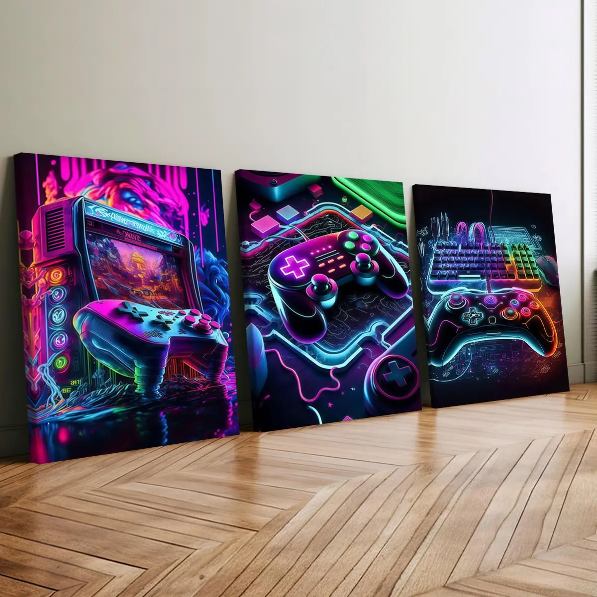 3-count wooden frame canvas, neon cyber game controller e-sports cool three-in-one poster, fashionable art, modern art, home decoration painting, exquisite living room, bedroom and office wall art, waterproof art