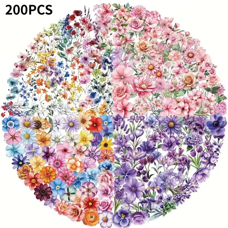 200 Transparent Flower Stickers, Pet Material, Natural Plant Stickers, Floral Stickers, Vintage Craft Stickers, Diary Scrapbook Decorations, Stickers for Scrapbooking