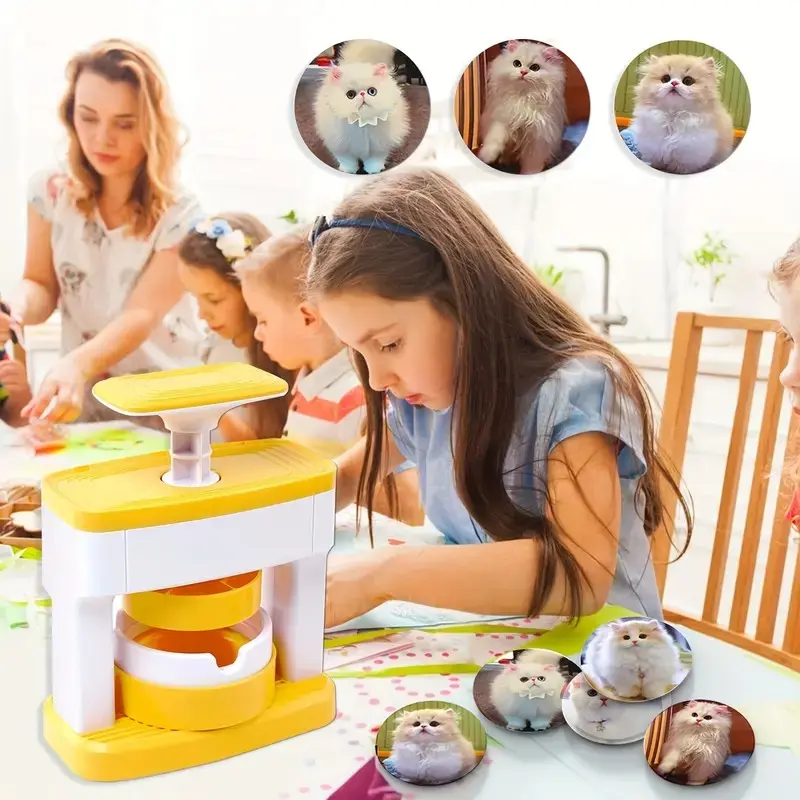Kids DIY Badge Making Machine Kit, Yellow White Manual Press Toy with Circle Cutter, 48 Sets Badge Parts & Stickers, Easy Custom Brooch Handmade Supplies, Educational Craft Gift for 6+, Parent-Child Desktop Toy for Christmas Birthday Party