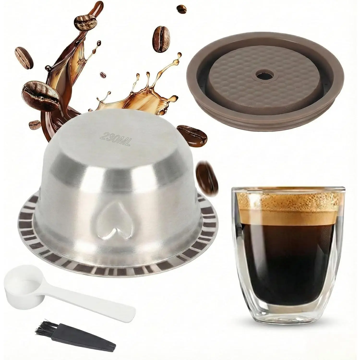 Heart Design 230ml/7.8oz Large Mug Size Reusable Pods for Nespresso Vertuo Pop & Next & Plus - Stainless Steel Refillable Capsule with Silicone Lid - Cute Coffee Gift
