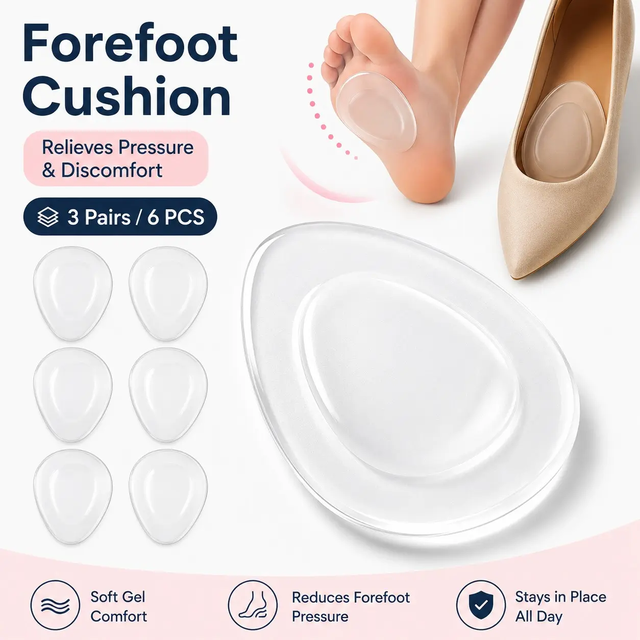 6 Pcs Gel Insoles for High Heels, Unisex Silicone Triangle Cushion, Anti-Slip Shock Absorption, Reusable Foot Protection, Soft Comfortable