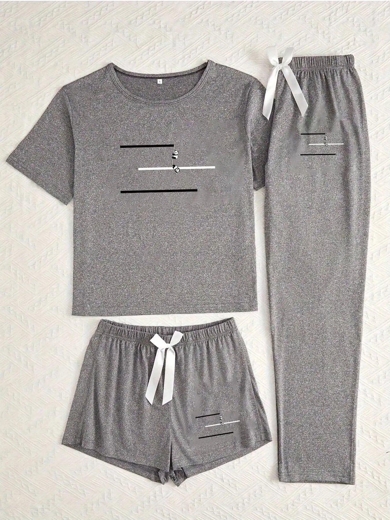 Three-Piece Pajama Set for Women, Cartoon Horizontal Stripe Panda Print, Casual Loose-Fitting Sleepwear, Cozy Loungewear Sleepwear, All Seasons Comfort