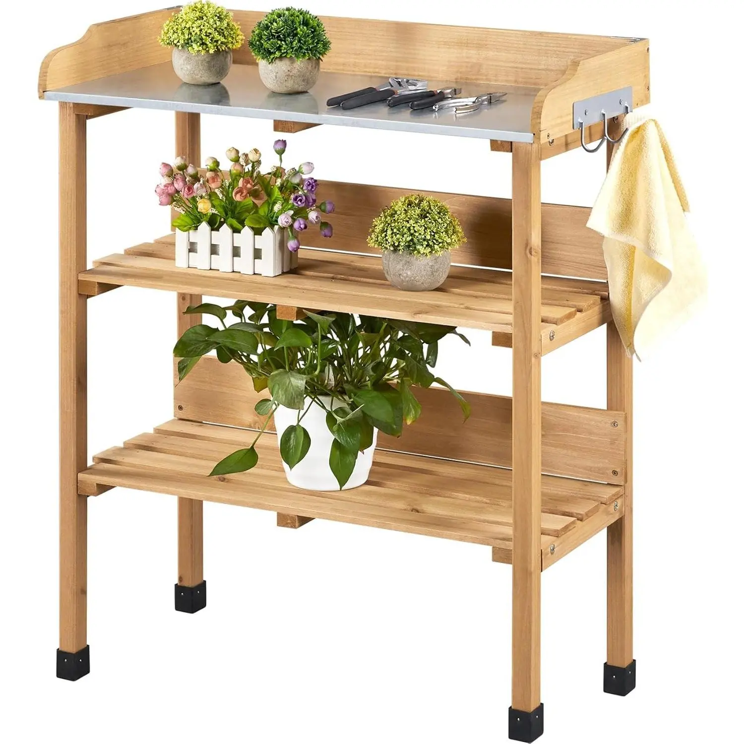 Natural Wood Outdoor Garden Potting Bench Table - Wooden Horticulture Planting Workstation with Metal Tabletop, 3-Layer Storage Shelf, 3 Hooks, 77×37×90cm Size, Body-Harmless & Customizable Features