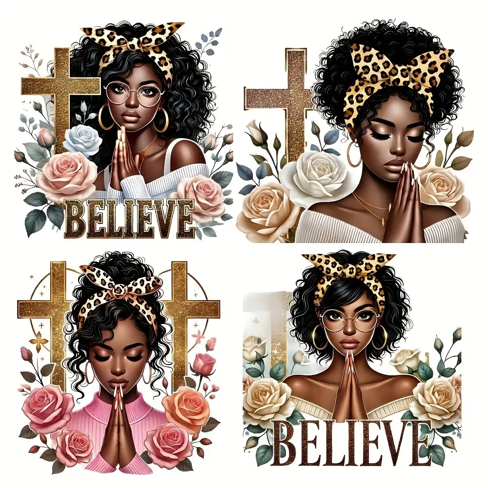 4-Pack Women's Prayer Cross Iron-On Patches, Durable Heat Transfer Stickers for T-Shirts, Jeans, Backpacks, Easy to Apply