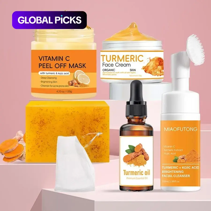 Turmeric Brightening Skin Care Kit, 5-Piece Set with Turmeric Soap, Face Cream, Mousse Cleanser, Facial Oil & Vitamin C Peel-Off Mask with Kojic Acid, Deep Cleansing & Nourishing Skin Care Kit for Women & Men, Moisturizing Turmeric Kit #GLOBAL PICKS