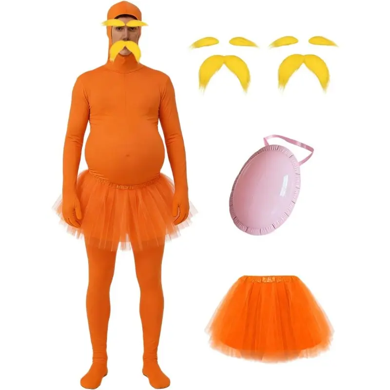 Halloween Orange Bodysuit with Fake Belly - Unisex Padded Jumpsuit Costume for Women Men, Stretchy Cosplay Outfit for Party, Dress Up Role Play, Clothes