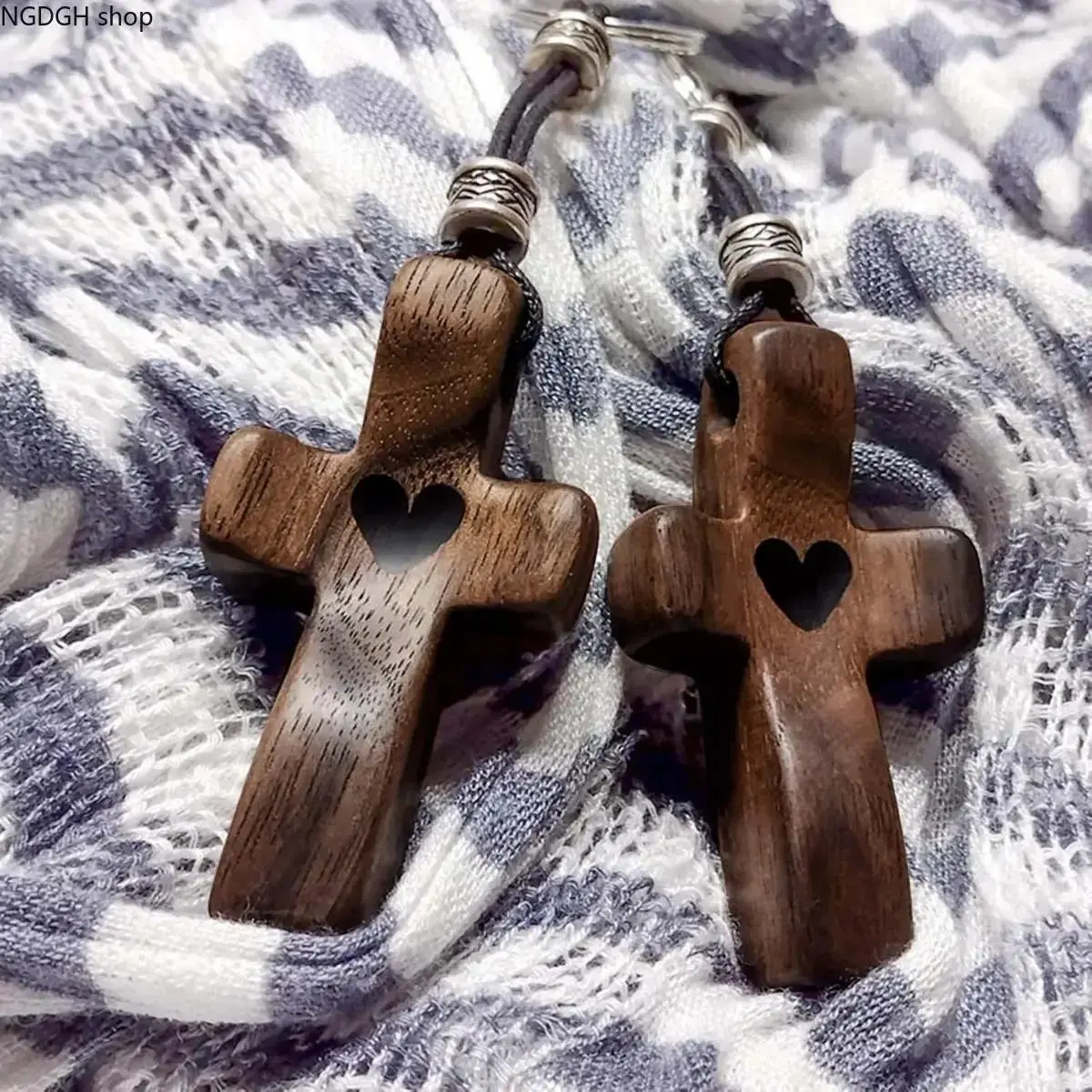 Wood Cross Keychain with Engraved Heart, Stylish Lightweight Charm with Metal Accents for Unisex Adults, Ideal for Daily Wear and Gifting, Cross Shape, Cute