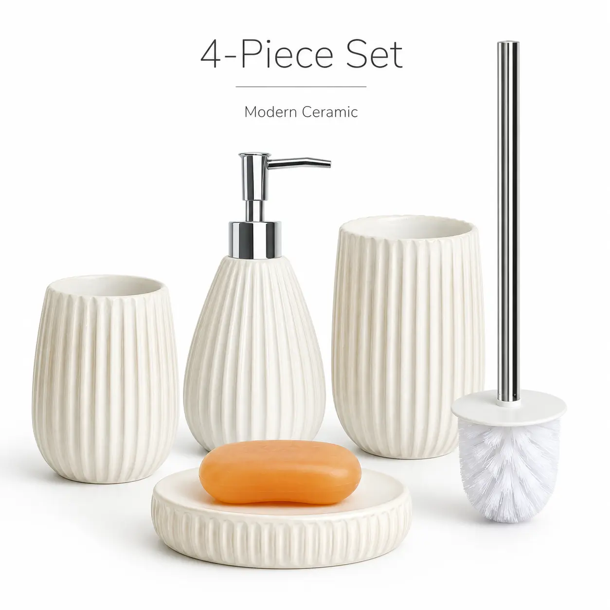 4-Piece White Ceramic Bathroom Accessory Set with Toilet Brush, Lotion Dispenser, Soap Dish and Toothbrush Cup for Modern Bathroom Décor, 13 Ounce