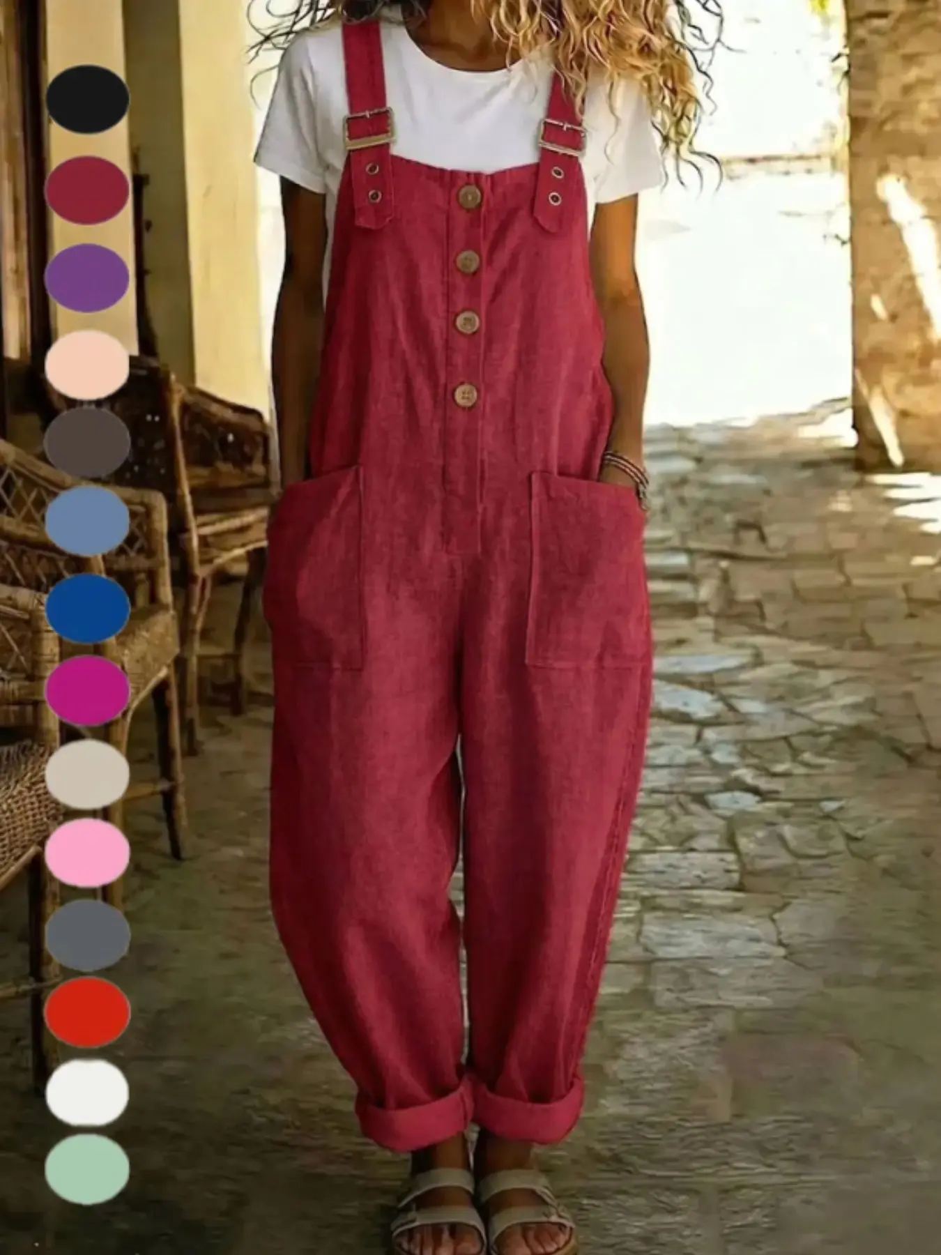 2026 Summer New Cotton Linen Solid Color Retro Everyday Casual Pocket Baggy Straight Leg Bib Pants Overalls for Women, European and American Style, Cross-Border E-Commerce