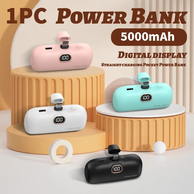 Portable Capsule Power Bank, Small Lightweight Mini 10W 5,000 mAh USB-C Portable Battery Pack Compatible with iPhone and Samsung, Electronic Gadgets, Multi-Color Options