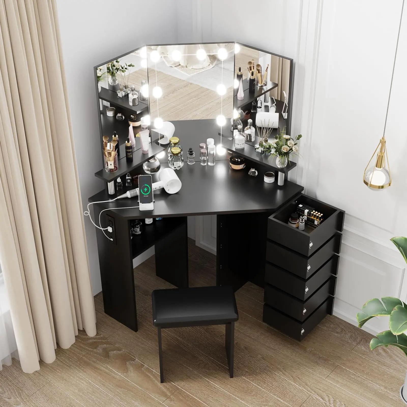 GARVEECorner Makeup Vanity Desk with Lights & Power Outlet - Spacious Tri-Folding Mirror, Adjustable Brightness, 5 Rotating Drawers, Ample Storage, Stool Included