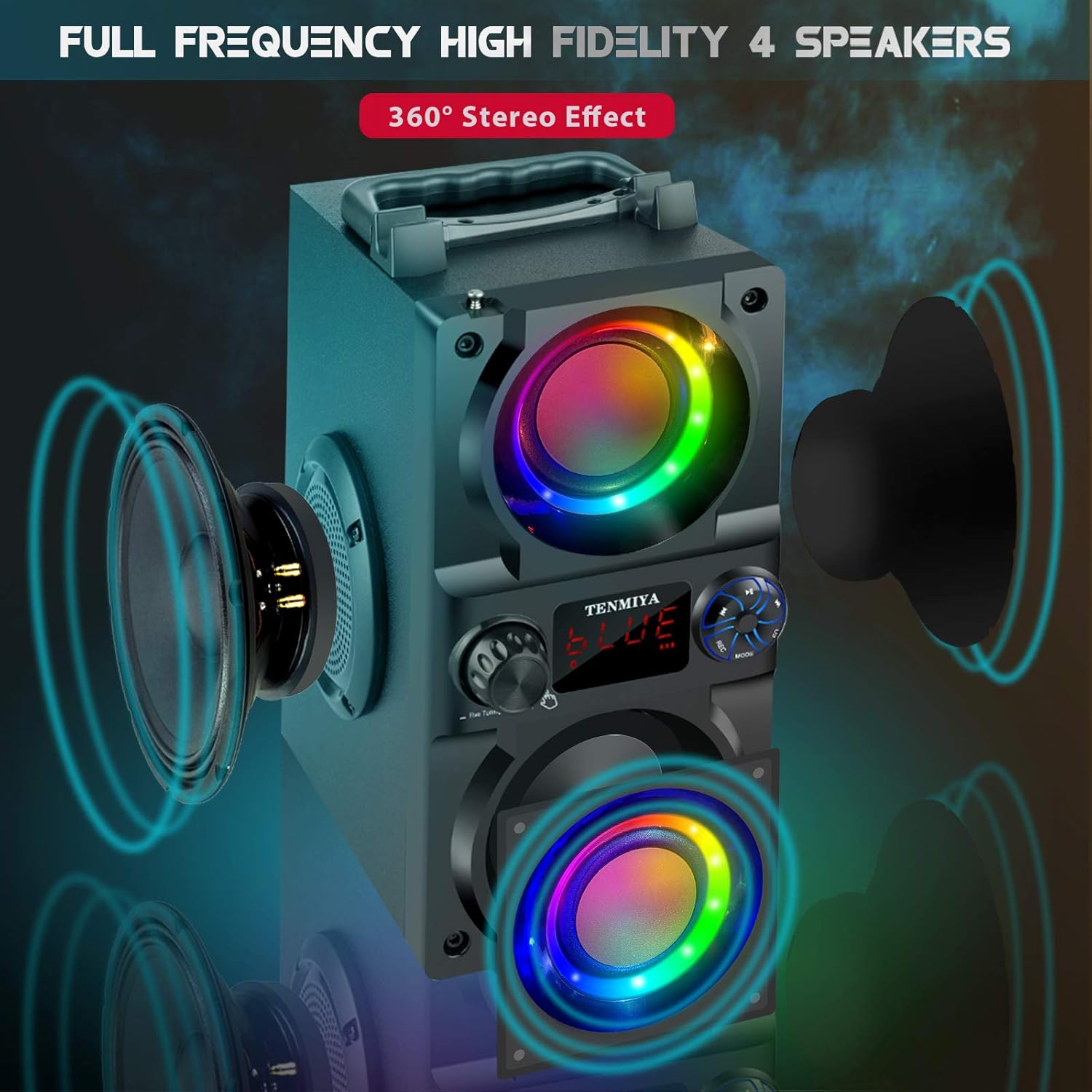 Bluetooth Speaker, 40W (60W Peak) Portable Wireless Speaker with Colorful Lights, Double Subwoofer Heavy Bass, FM Radio, MP3 Player, Bluetooth 5.0, Loud Stereo Speakers for Home Outdoor Party Camping for Gifts