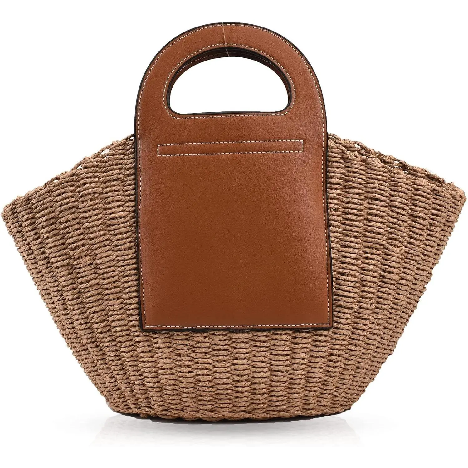 Summer Beach Bag, Hand Made Straw Beach Bag Basket Leather Stitching Tote Bag, Large Capacity Designer Handbags for  Travel Daily(Khaki)